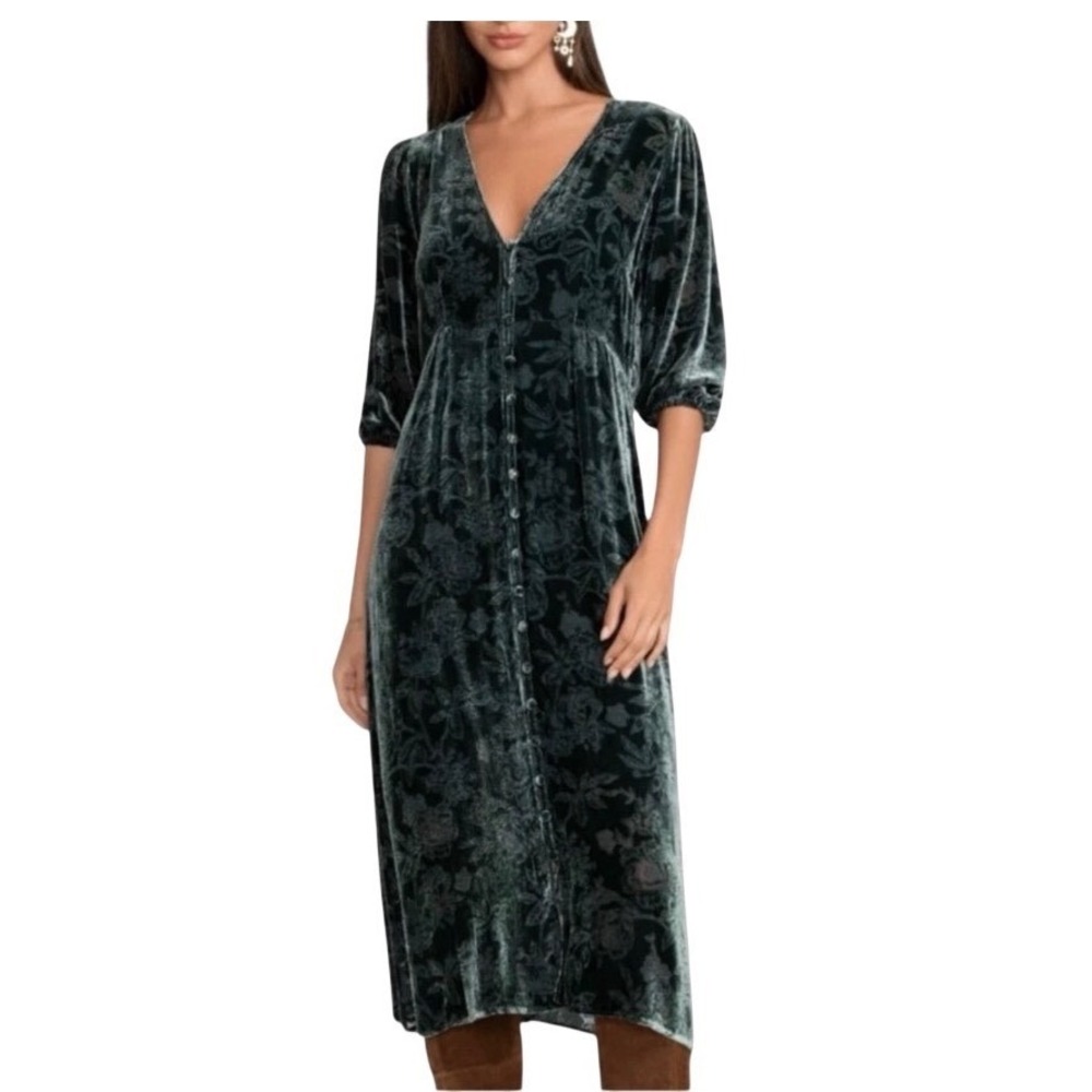 Johnny Was JADE Silk Burnout Velvet Midi Dress S Button Up Victorian Romantic